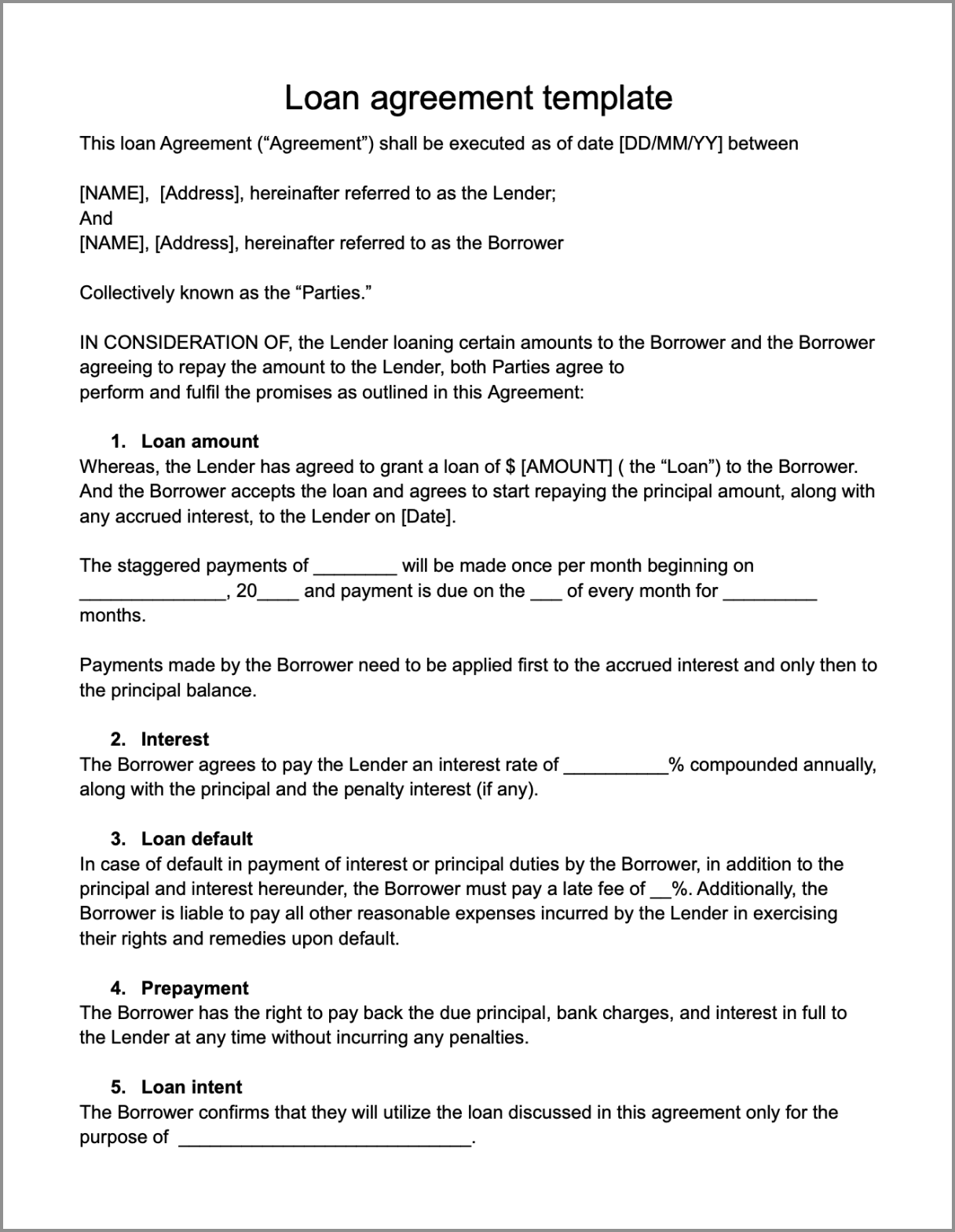 Loan agreement template download Signeasy